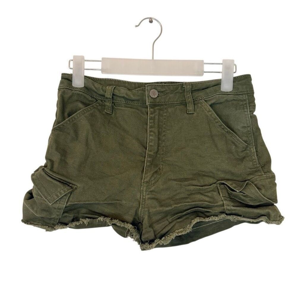 Indigo Rising Raw Cut Frayed Hem Distressed Cargo Green Jean Shorts Size 5/27